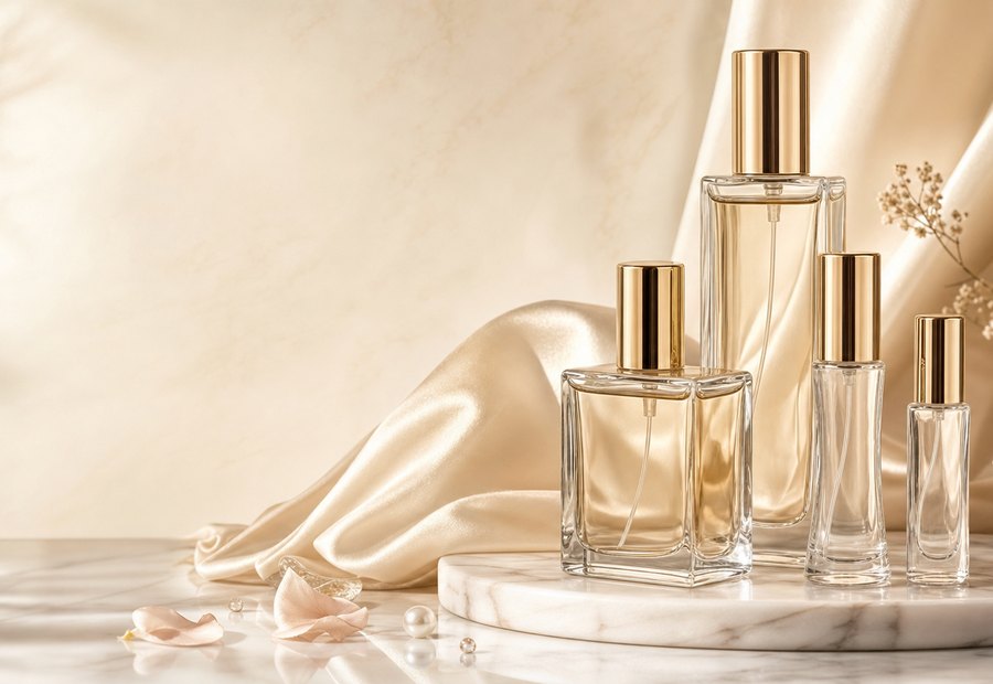 Colección de perfumes de cristal con tapas doradas