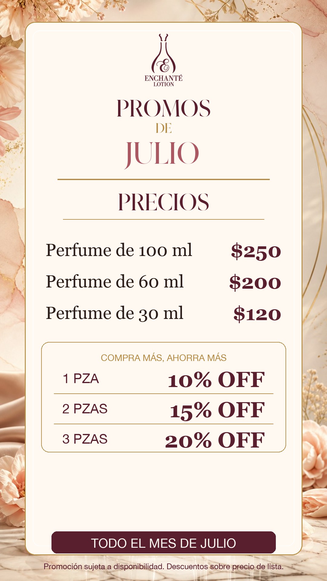 Promoción de julio de Enchanté Lotion con precios y descuentos